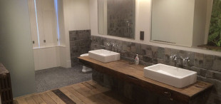 Reclaimed wooden flooring for one of the bathrooms at the rebuilt Crawfordton House, Dumfries